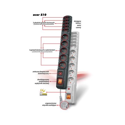 Listwa zasilająca ACAR S10 1,5m 10 gniazd CZARNA